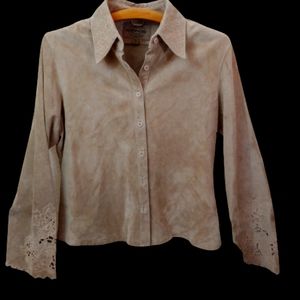 NWT Suede blouse Women Large washable Skotts Tan
